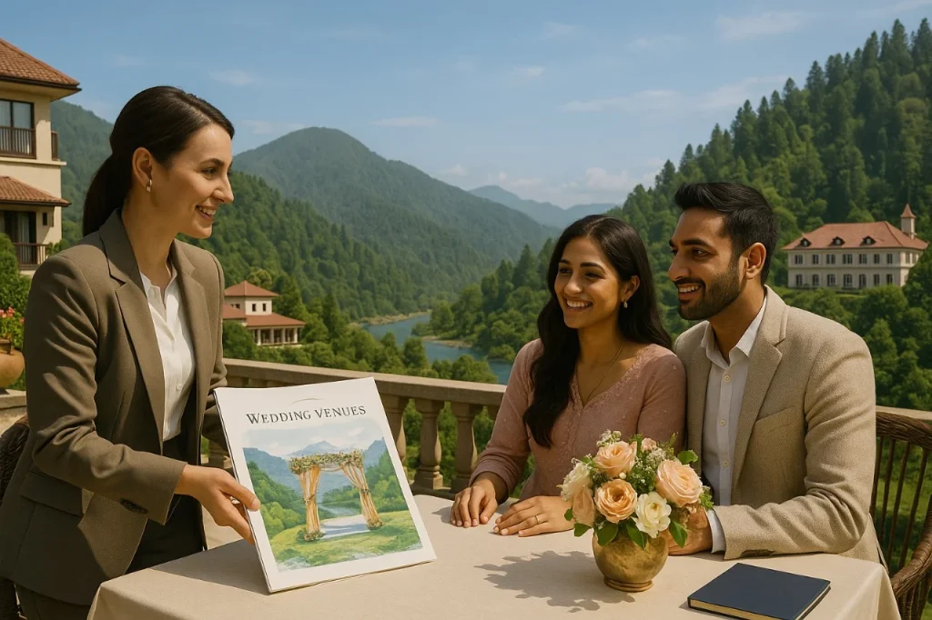 Wedding planner presenting venue options to a couple at a luxurious mountain resort, perfect for a Destination Wedding in 2025.