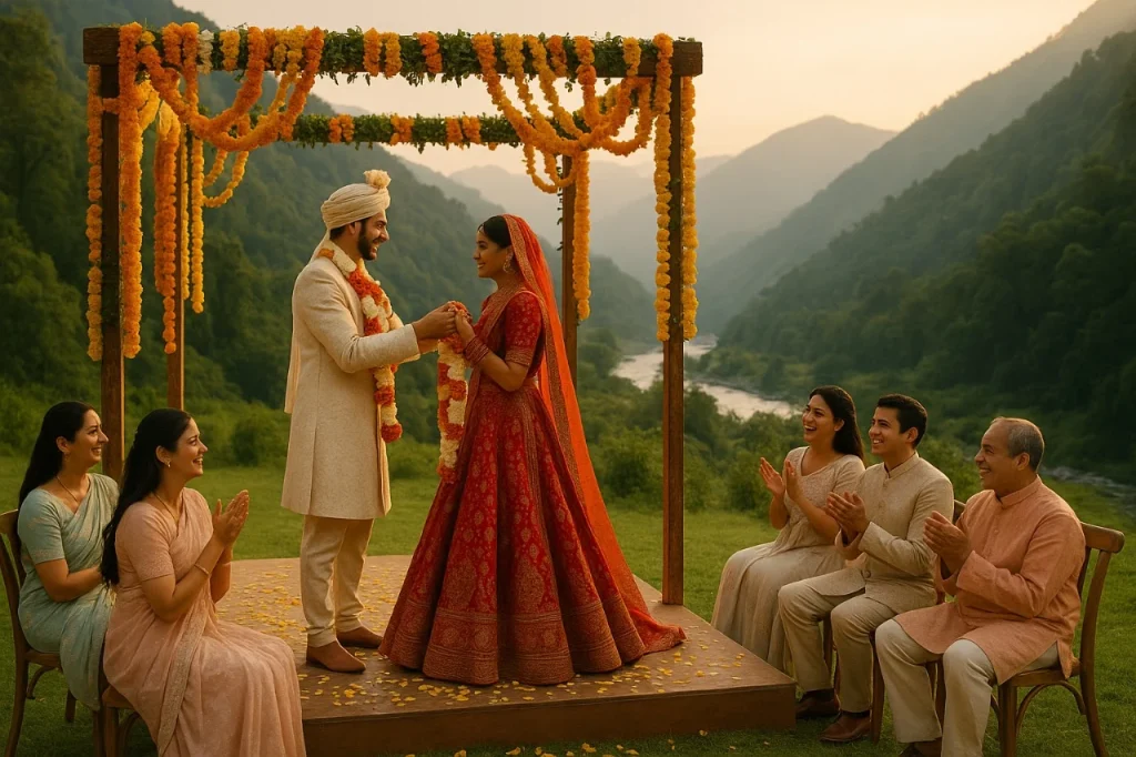 Bride and groom exchanging vows under a floral mandap surrounded by family at a scenic mountain resort, ideal for a Destination Wedding in 2025.