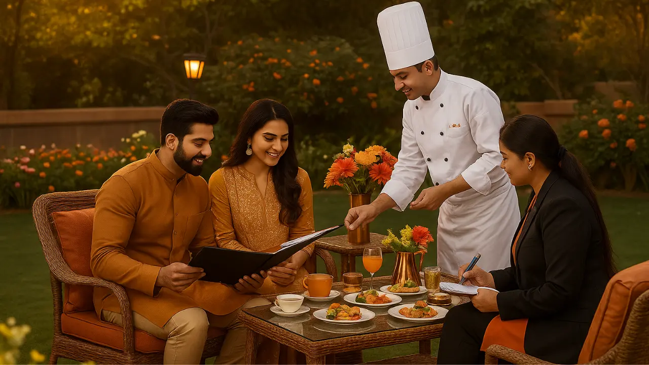 Wedding menu tasting session with couple and chef in Dehradun - professional catering consultation for wedding planning 6-8 months before ceremony | Dehradun Wedding Planners
