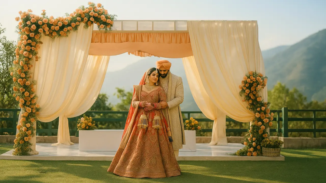 Wedding couple in traditional attire under decorated mandap with mountain backdrop in Dehradun - complete wedding planning guide 2025