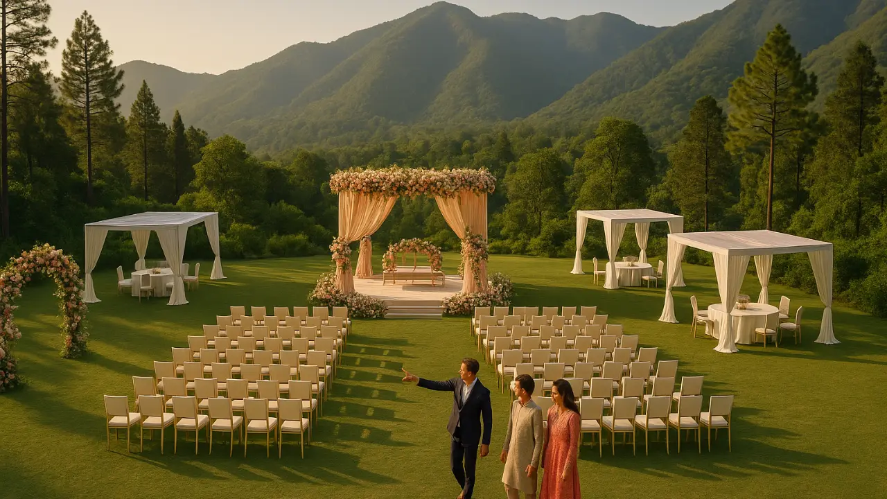 Luxury outdoor wedding venue setup in Dehradun with floral mandap, guest seating, and Himalayan mountain backdrop - professional wedding planning services 2025