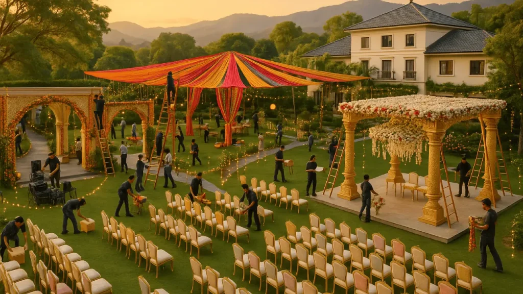 Luxury wedding planners in Dehradun, Dehradun Wedding Planners, setting up an outdoor premium wedding venue with golden mandap, floral décor, and elegant seating arrangements