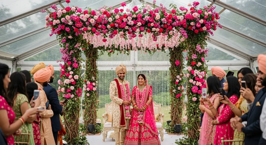 Royal heritage theme wedding in Dehradun with bride and groom under vibrant pink floral mandap, surrounded by guests capturing the moment