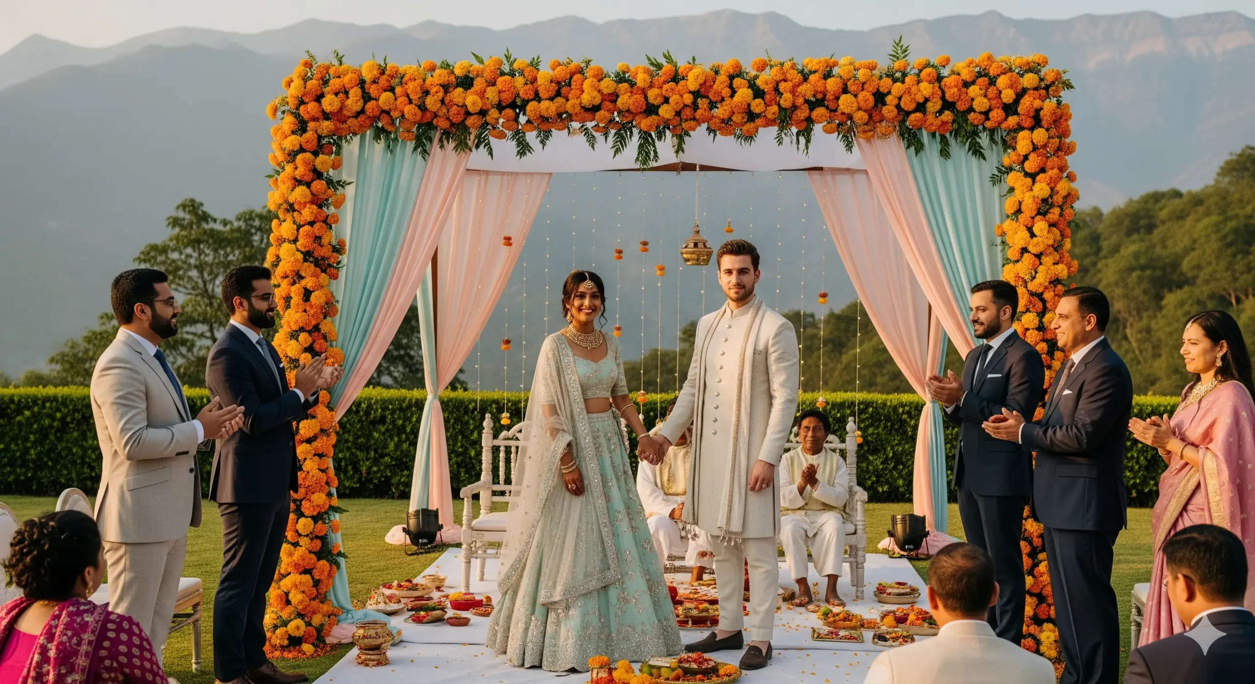 International couple celebrating wedding in India with diverse guests, symbolizing cultural exchange and global tourism under the Wed in India initiative.
