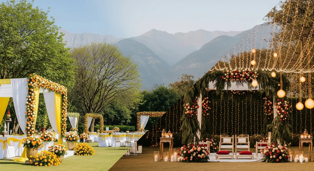 Luxury wedding decoration in Dehradun with seasonal floral designs, showcasing vibrant marigolds and roses for spring–summer and cozy evergreen flowers with warm lighting for autumn–winter celebrations against a Himalayan backdrop, Wedding Planner in Dehradun