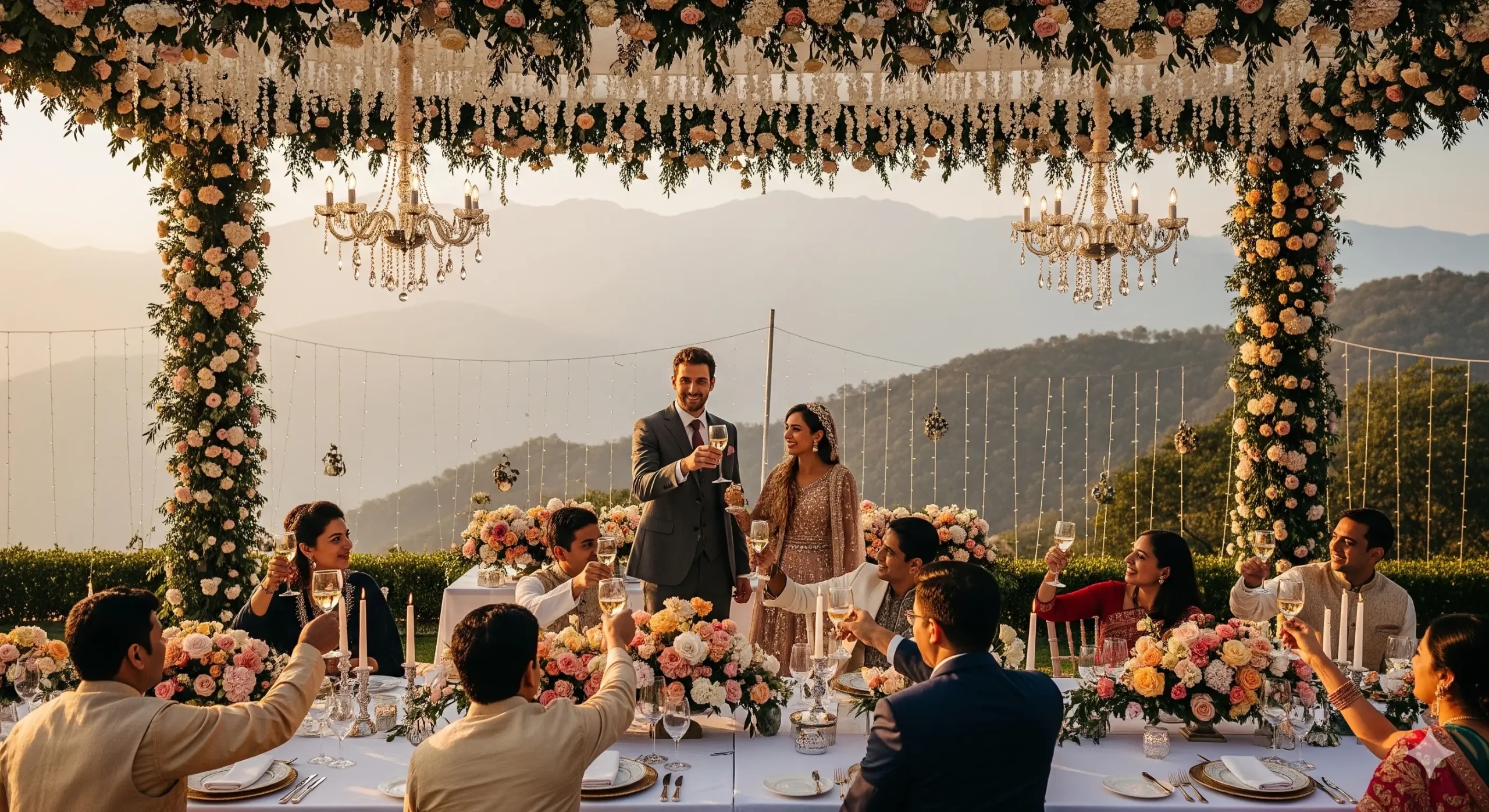 Romantic international couple at luxury Dehradun wedding venue with Himalayan mountains, showcasing natural beauty and cultural charm of Wed in India.
