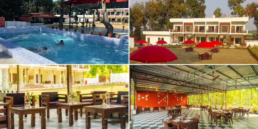 Pristine Woods Resort – one of the best venues for corporate events in Selaqui, featuring a swimming pool, outdoor lawn seating, spacious dining areas, and modern accommodation ideal for corporate retreats, meetings, and team-building events.