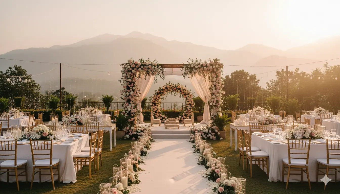 Luxurious outdoor wedding setup in Dehradun with floral mandap, elegant décor, and mountain backdrop, organized by the best event organisers in Dehradun.