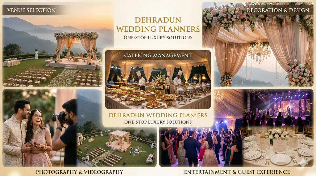 Collage showcasing complete wedding services by Dehradun Wedding Planners, including venue selection, décor design, catering management, photography, entertainment, and guest experience in the Himalayan destination setting.