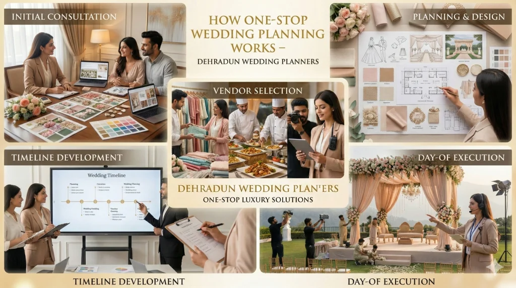 Dehradun Wedding Planners one-stop wedding planning collage showcasing initial consultation, planning and design, vendor selection, timeline development, and day-of execution with professional coordination.