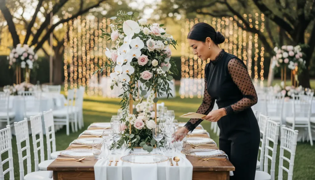 Professional wedding planners in Dehradun setting up elegant outdoor wedding décor with floral centerpieces and fine table arrangements