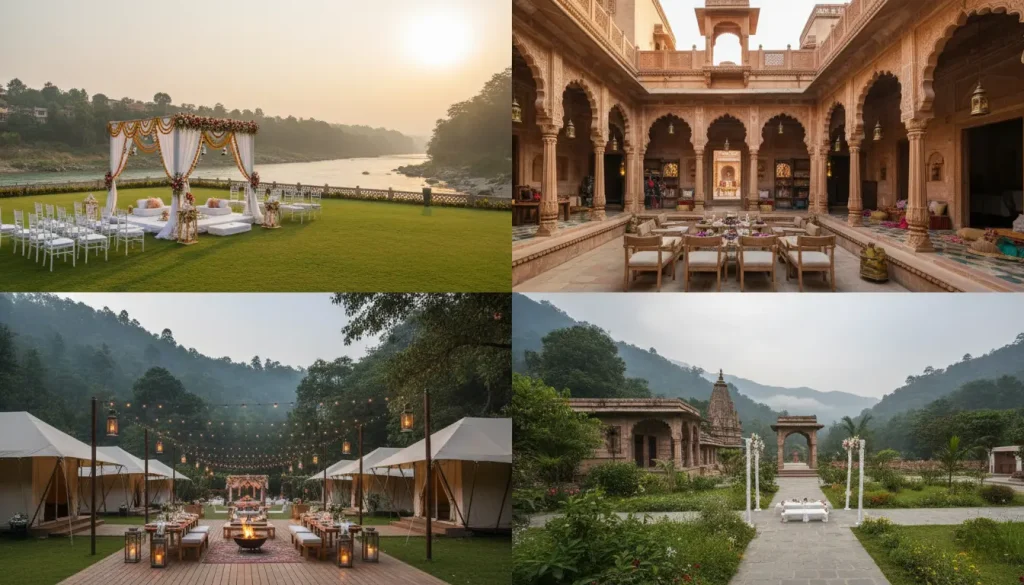 Destination Wedding in Rishikesh venues collage featuring riverside resorts, heritage properties, luxury camps and spiritual venues