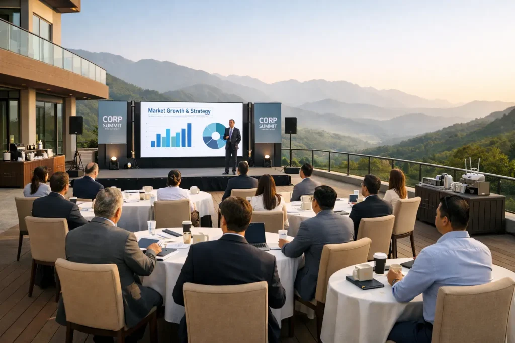 Corporate event planner in Dehradun managing business conference with stage and LED screen at hill view resort