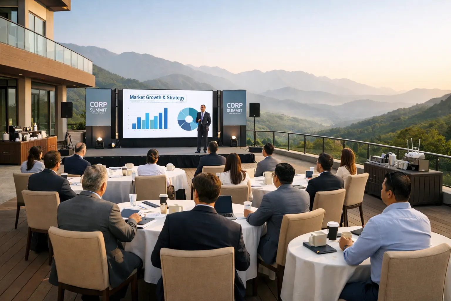 Corporate event planner in Dehradun managing business conference with stage and LED screen at hill view resort