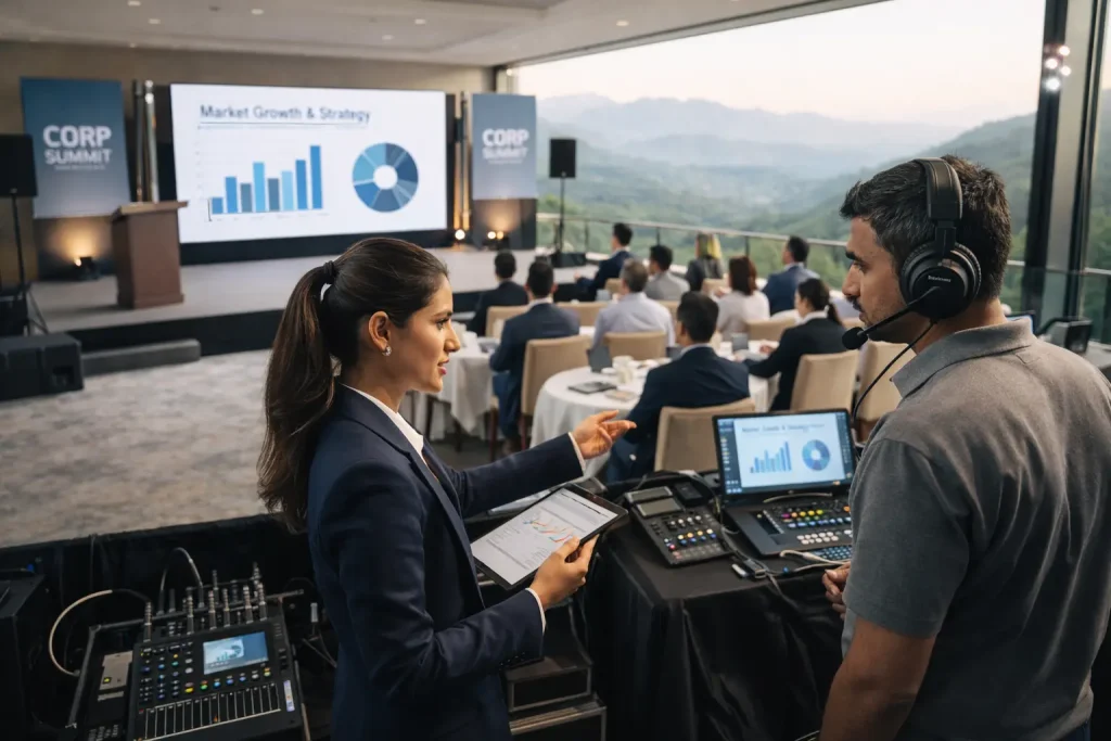 Corporate event planner in Dehradun coordinating AV setup during business conference at mountain resort