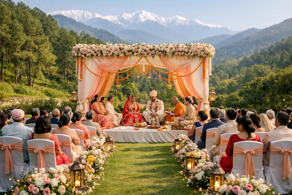 Outdoor destination wedding ceremony in Dehradun showcasing cheapest wedding rates in Dehradun with mountain resort mandap setup
