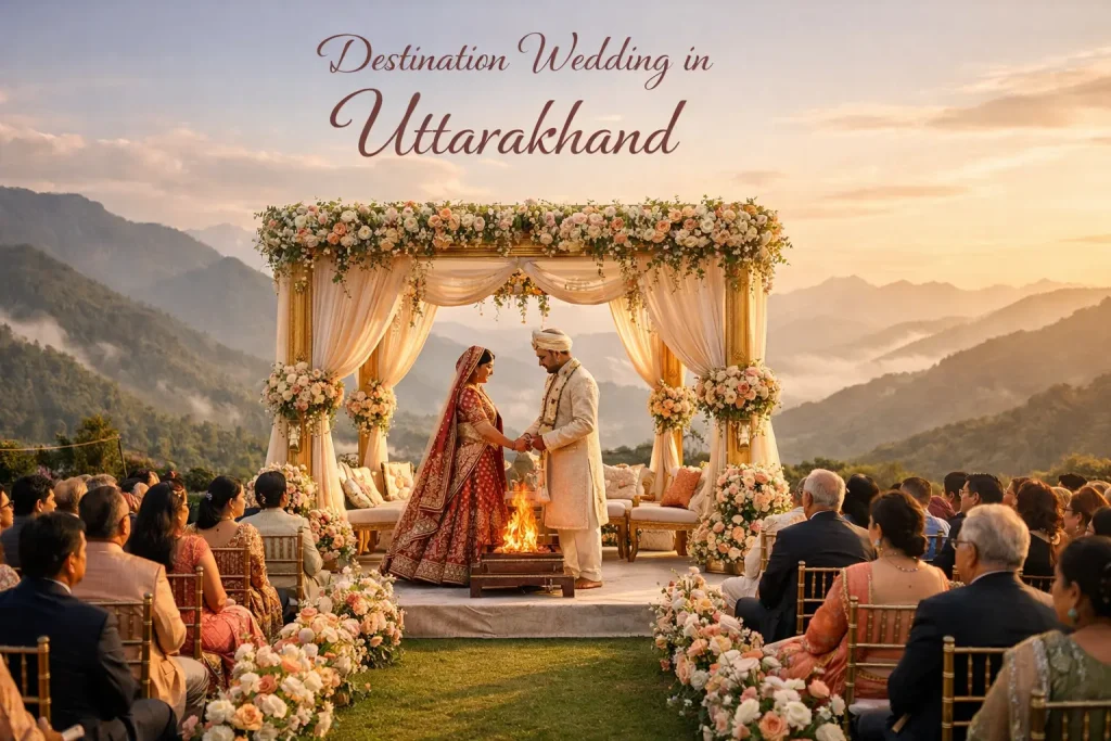Wed in India destination wedding in Uttarakhand with mountain backdrop mandap, bride and groom performing pheras at scenic outdoor ceremony