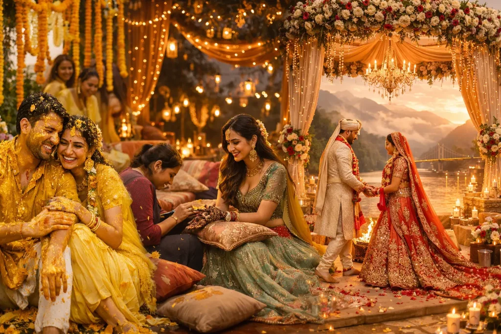 Wedding ceremony planners in Dehradun managing Haldi, Mehendi and destination wedding setup in Uttarakhand with scenic mountain and riverside mandap