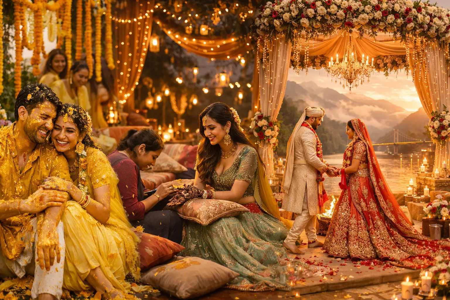 Wedding ceremony planners in Dehradun managing Haldi, Mehendi and destination wedding setup in Uttarakhand with scenic mountain and riverside mandap