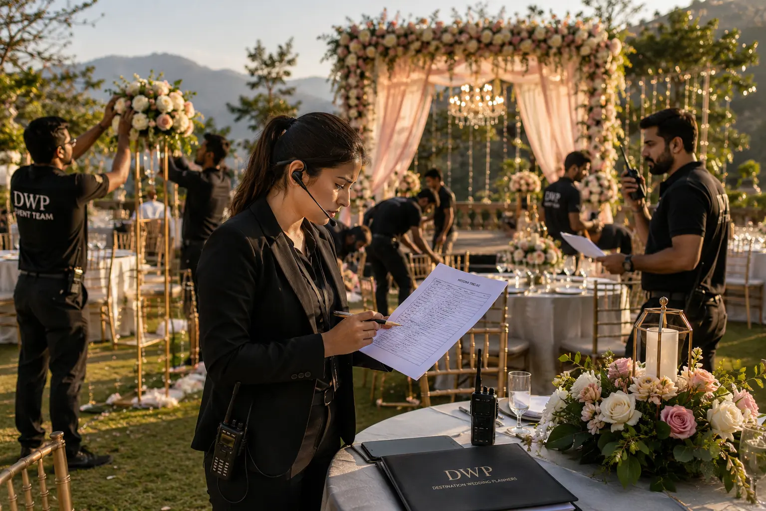 Wedding planners in Dehradun coordinating décor setup and guest management at a luxury destination wedding in Uttarakhand