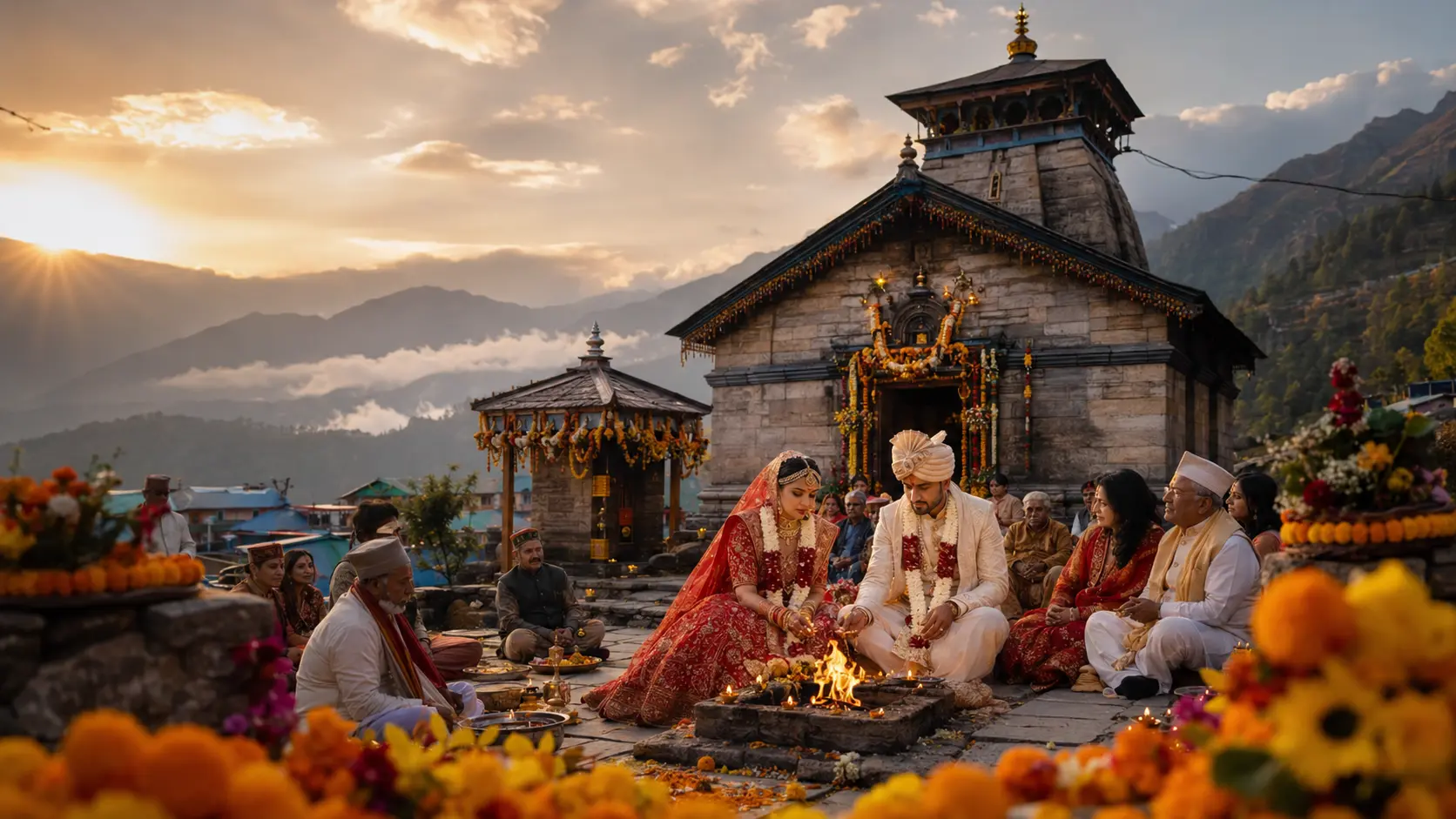 Triyuginarayan Temple wedding package with Hindu bride and groom performing sacred wedding rituals in the Himalayas of Uttarakhand