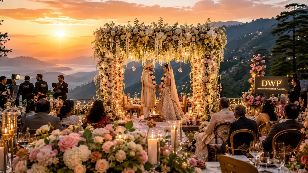Luxury destination wedding setup by wedding planners in Dehradun with floral mandap in Mussoorie Uttarakhand