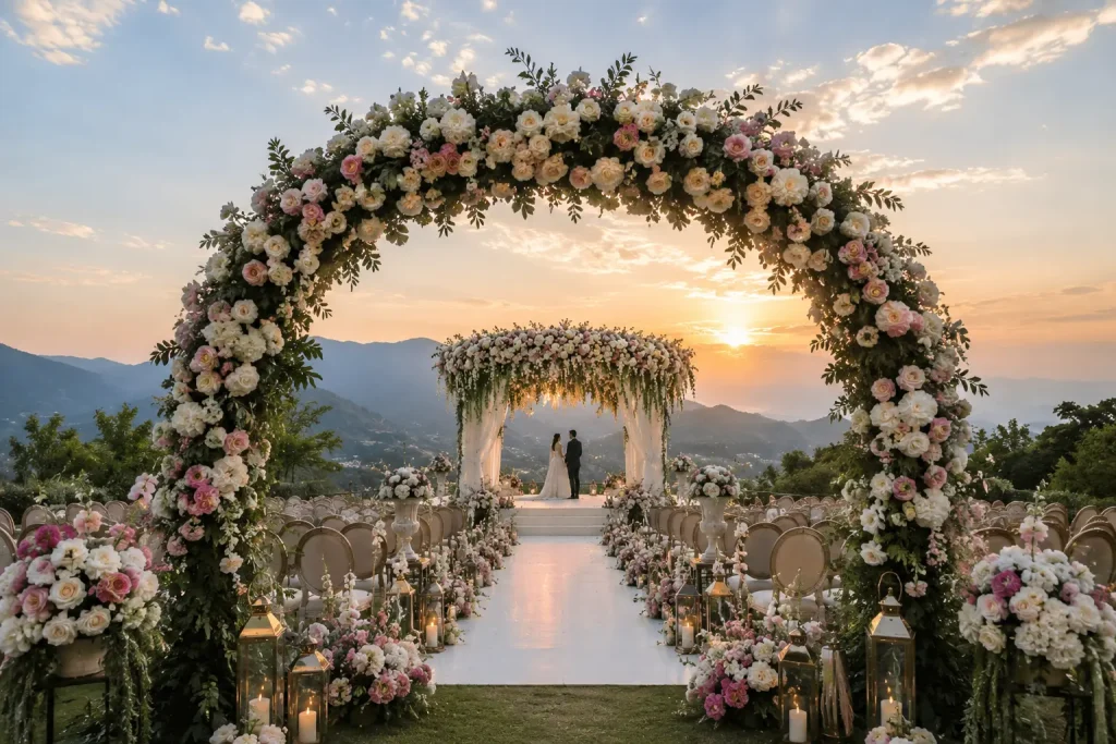 Floral wedding decoration in Dehradun with luxury outdoor mandap and mountain scenery