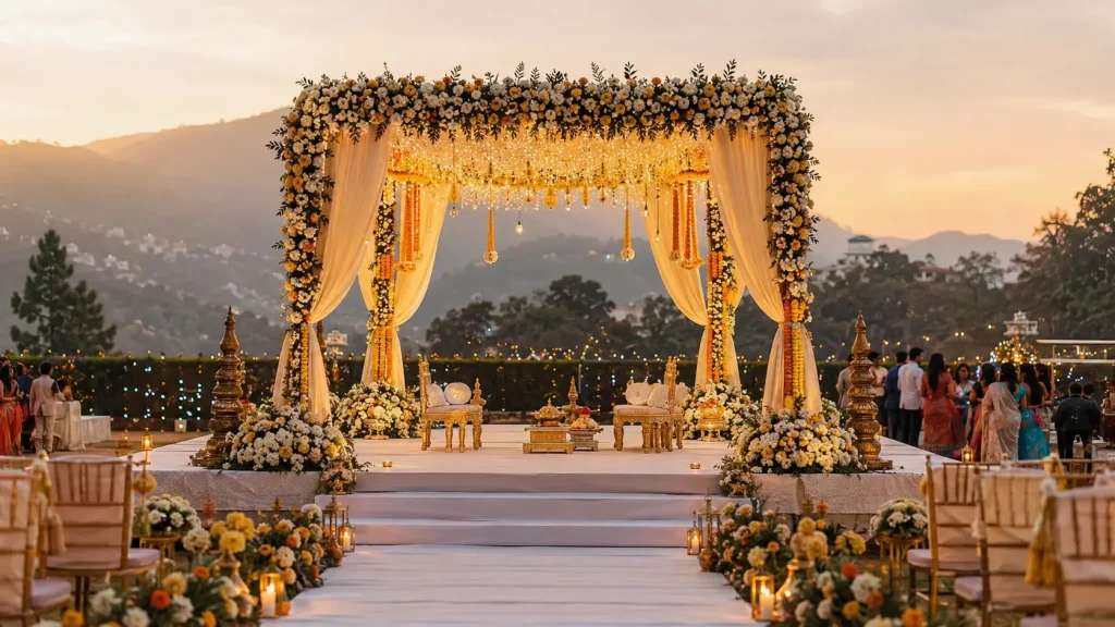 Top rated wedding planners in Dehradun decorated mandap setup with Mussoorie hills backdrop