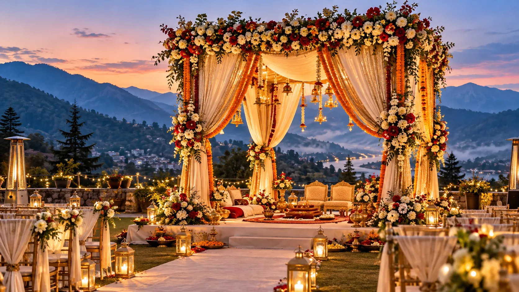 Winter wedding dates in Uttarakhand featuring a beautifully decorated Hindu wedding mandap with warm fairy lights and Himalayan mountain views.